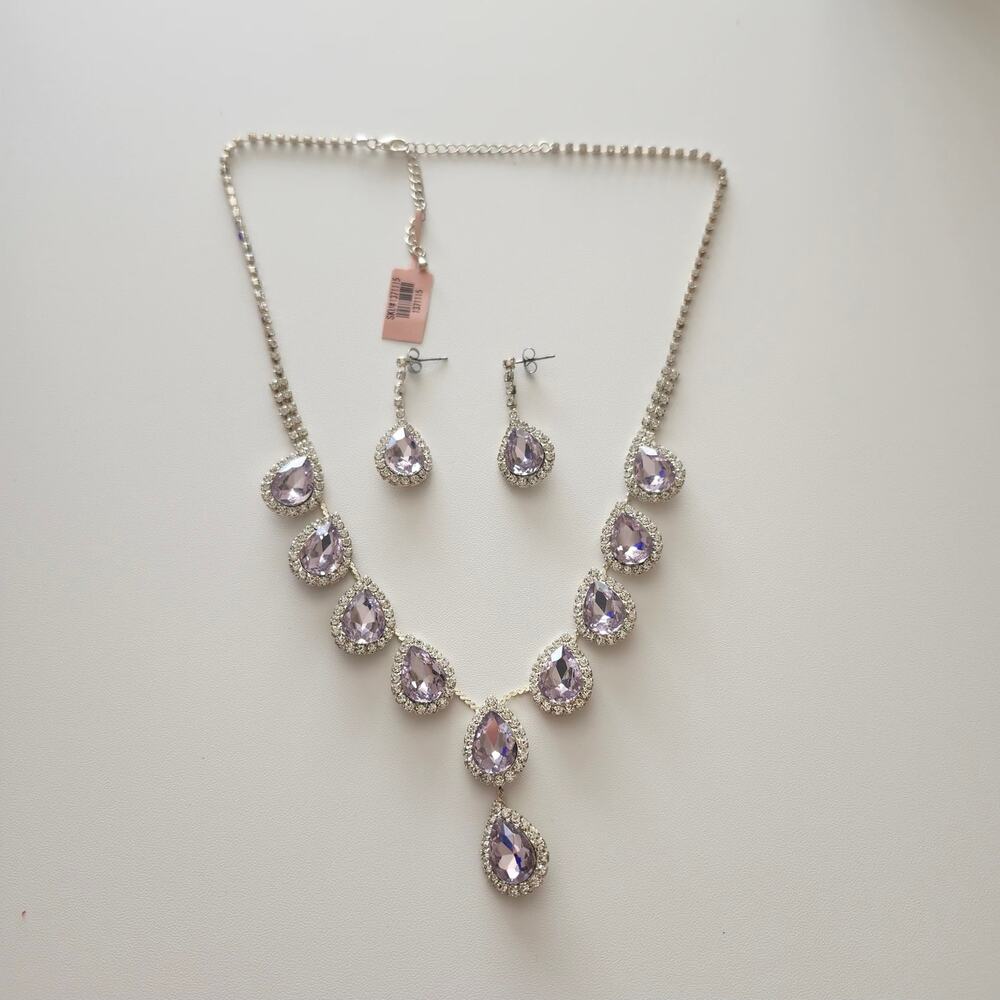 Purple Lilac Teardrop Rhinestone Necklace Earrings Set Silver Tone Bridal Prom